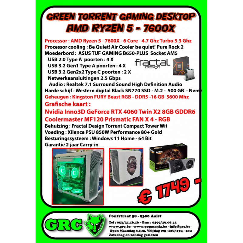 Green Torrent GAMING Desktop - AMD Ryzen 5 - 7600X - RTX 4060